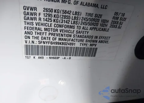 2019 Honda Pilot Touring из США, поврежденный, VIN 5FNYF6H99KB024891